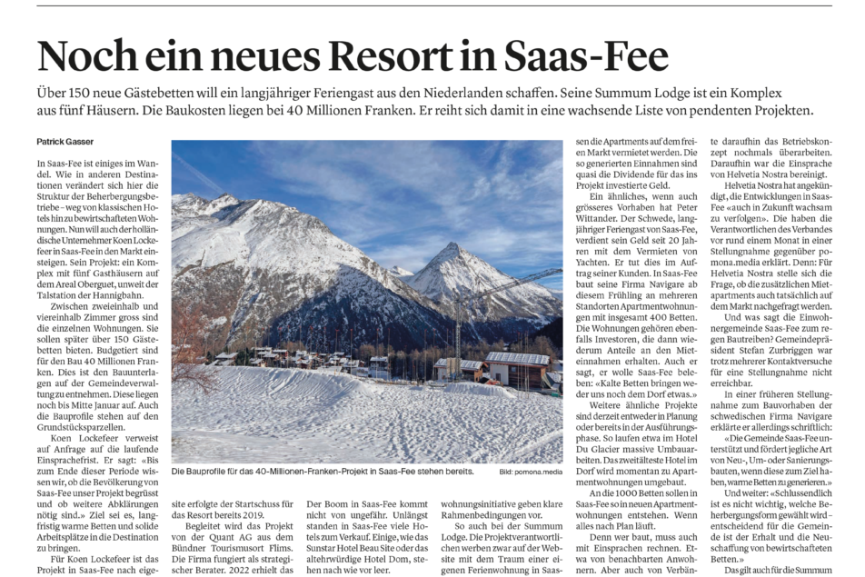 Zeitungsartikel «Noch ein neues Resort in Saas-Fee»